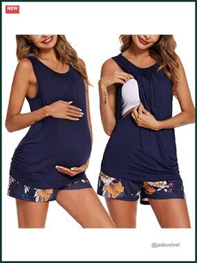 Nursing Pajama Set Sleeveless Top & Shorts with Pockets Double Layer